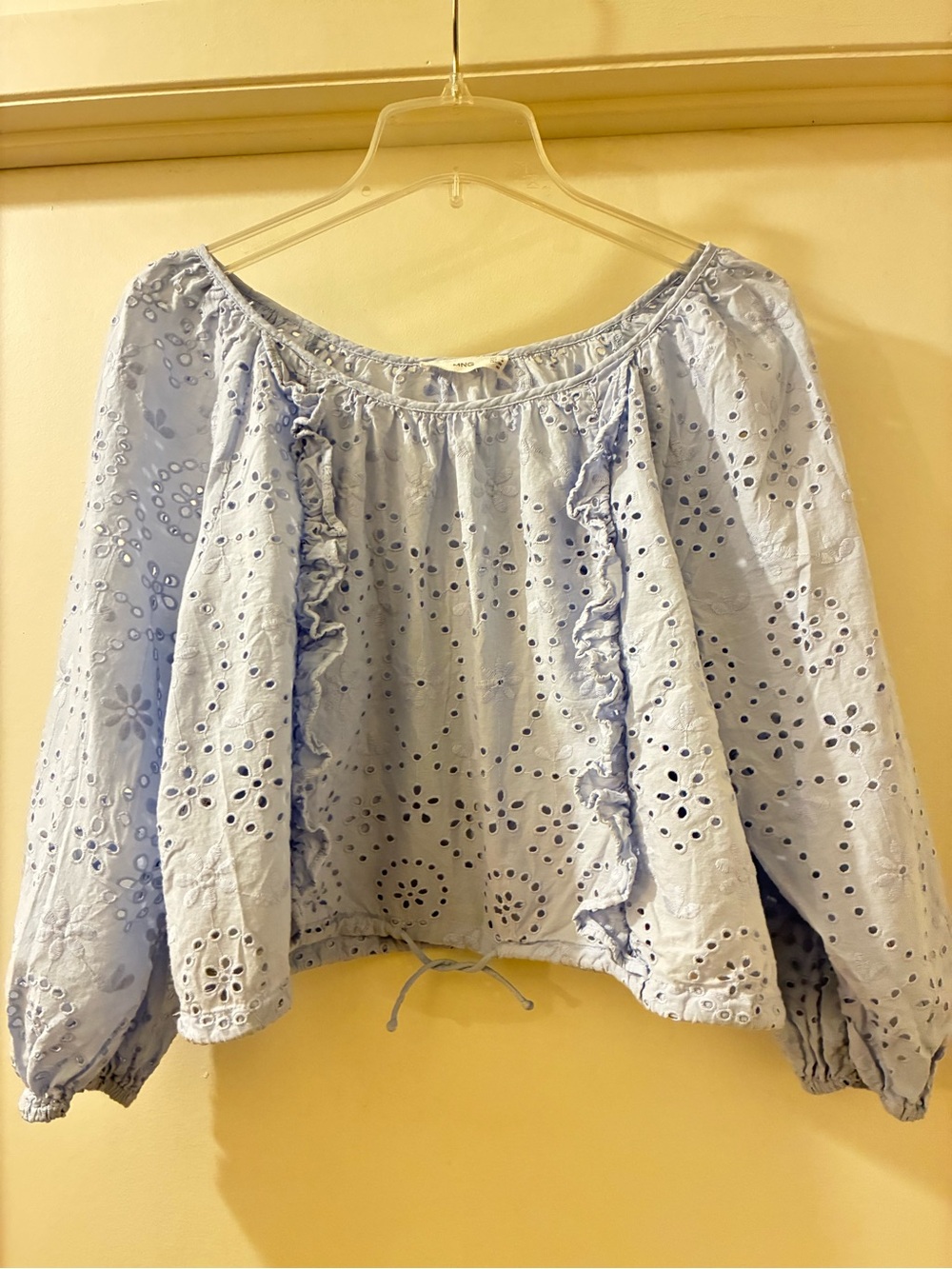 Mango Light Blue Eyelet Ruffle Peasant Blouse